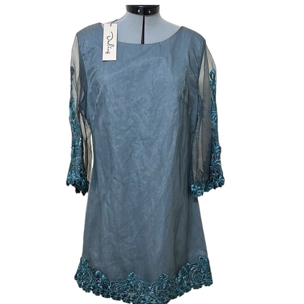 Darling Dusty Blue‎ Lace-Trimmed Dress